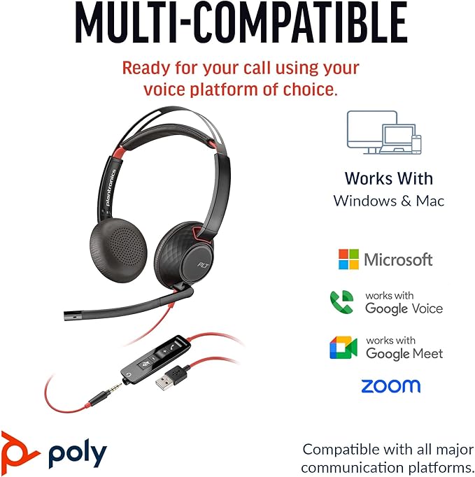 Poly Blackwire 5220 Auriculares estéreo USB-C + Enchufe de 3,5 mm + Adaptador USB-C/A